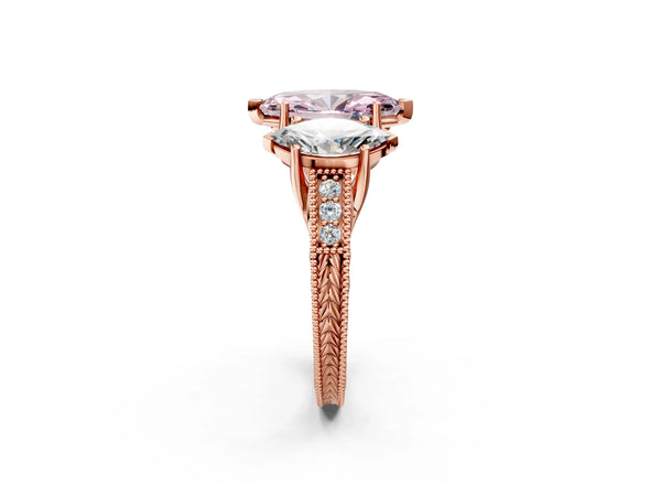 Rose Gold Marquise Engraved Three Stone Engagement Ring Setting for Fancy Pink Center