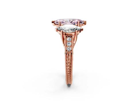 Rose gold Three-Stone Fancy Pink Marquise Cut Cut Milgrain Pavé Engagement Ring_2
