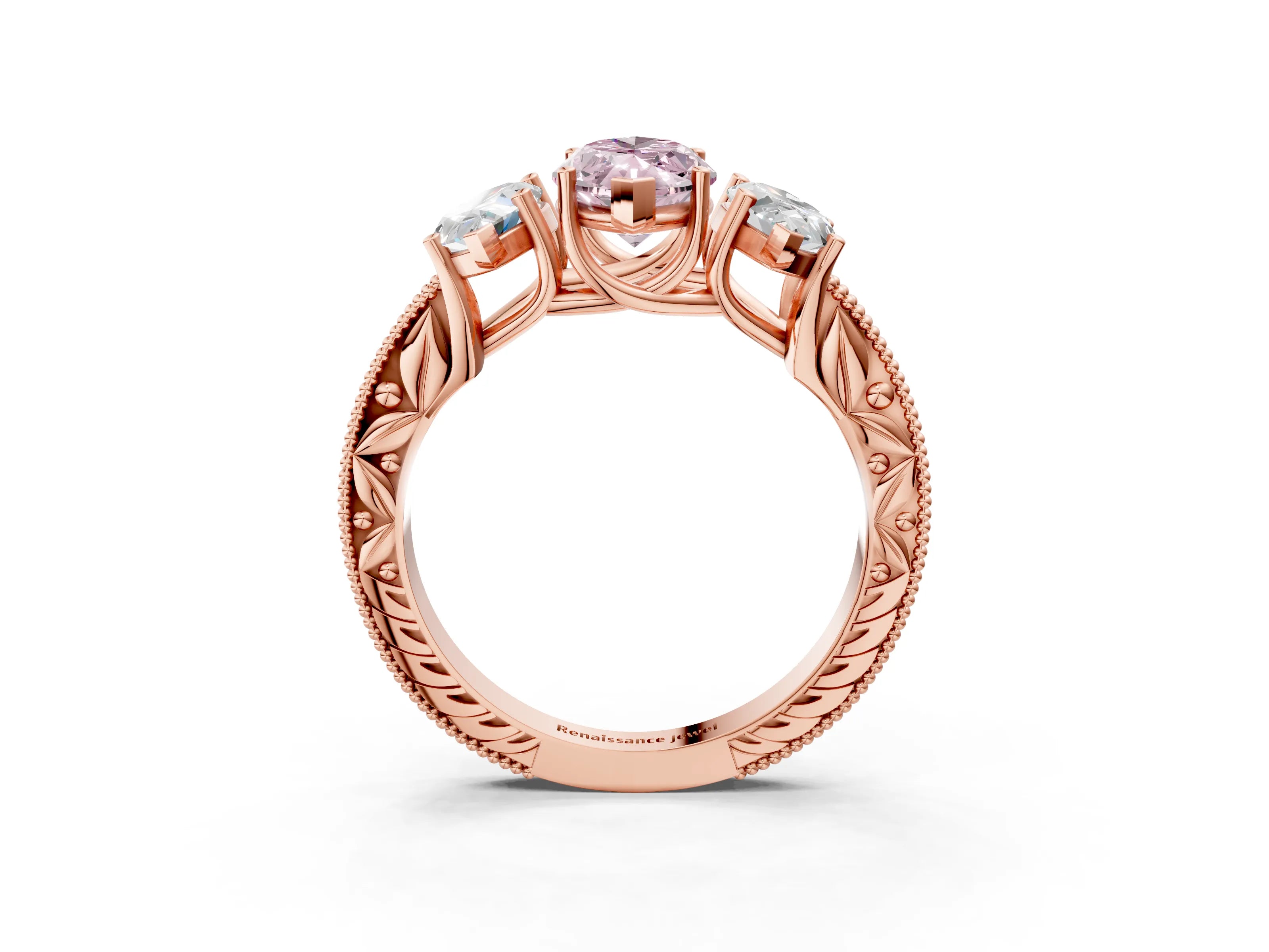 Rose gold Three-Stone Fancy Pink Marquise Cut Cut Milgrain Pavé Engagement Ring_3