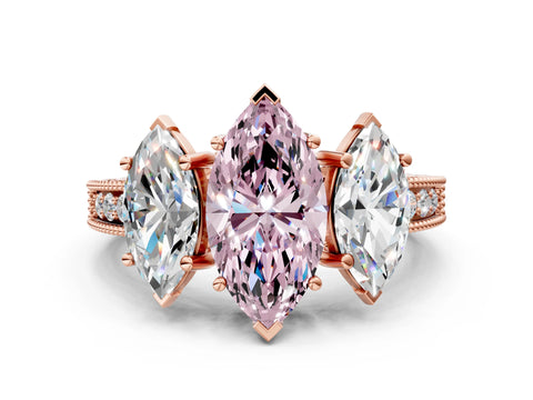 Rose gold Three-Stone Fancy Pink Marquise Cut Cut Milgrain Pavé Engagement Ring