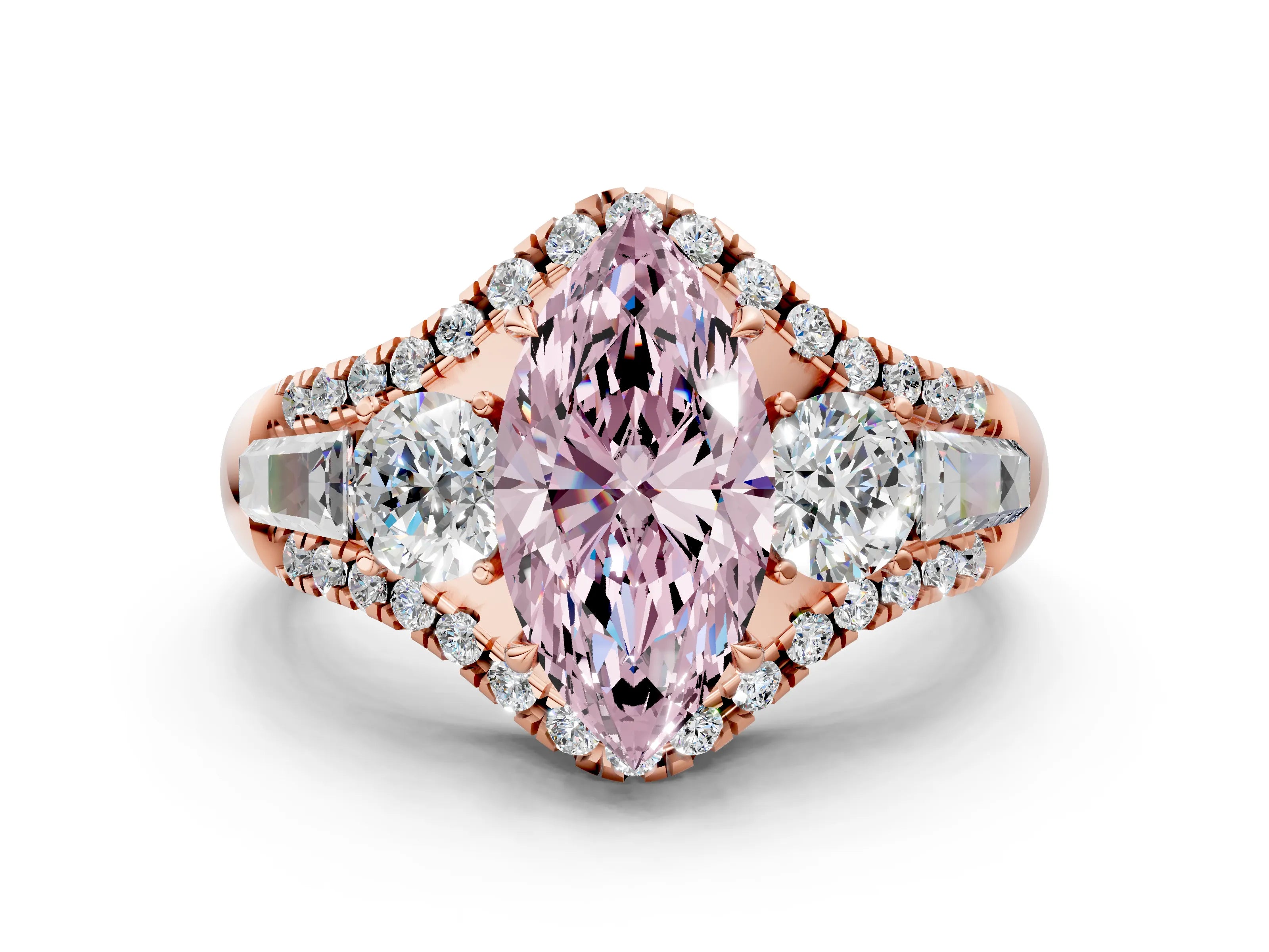 Rose gold Three-Stone Fancy Pink Marquise Cut Diamond Engagement Ring with Pave Band and Prong Setting