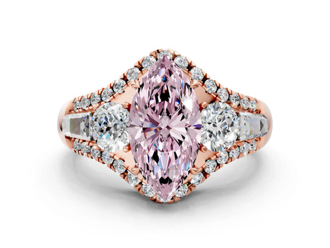 Rose gold Three-Stone Fancy Pink Marquise Cut Diamond Engagement Ring with Pave Band and Prong Setting
