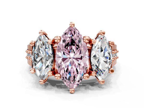 Rose gold Fancy Pink Marquise Cut Diamond Three-Stone Ring with Channel Set Band and Four-Prong Setting