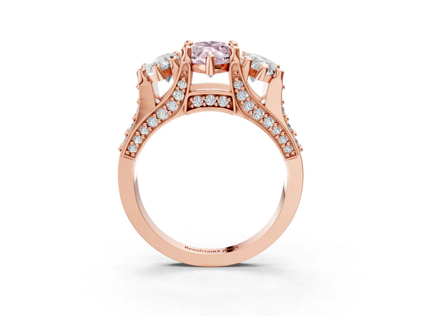 Rose gold Fancy Pink Marquise Cut Diamond Three-Stone Ring with Channel Set Band and Four-Prong Setting
