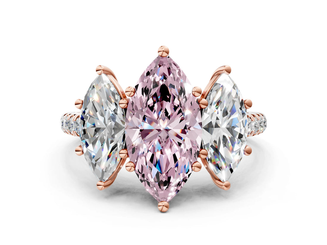 Rose gold Three-Stone Fancy Pink Marquise Cut Diamond Ring with Pavé Band and Prong Setting_71