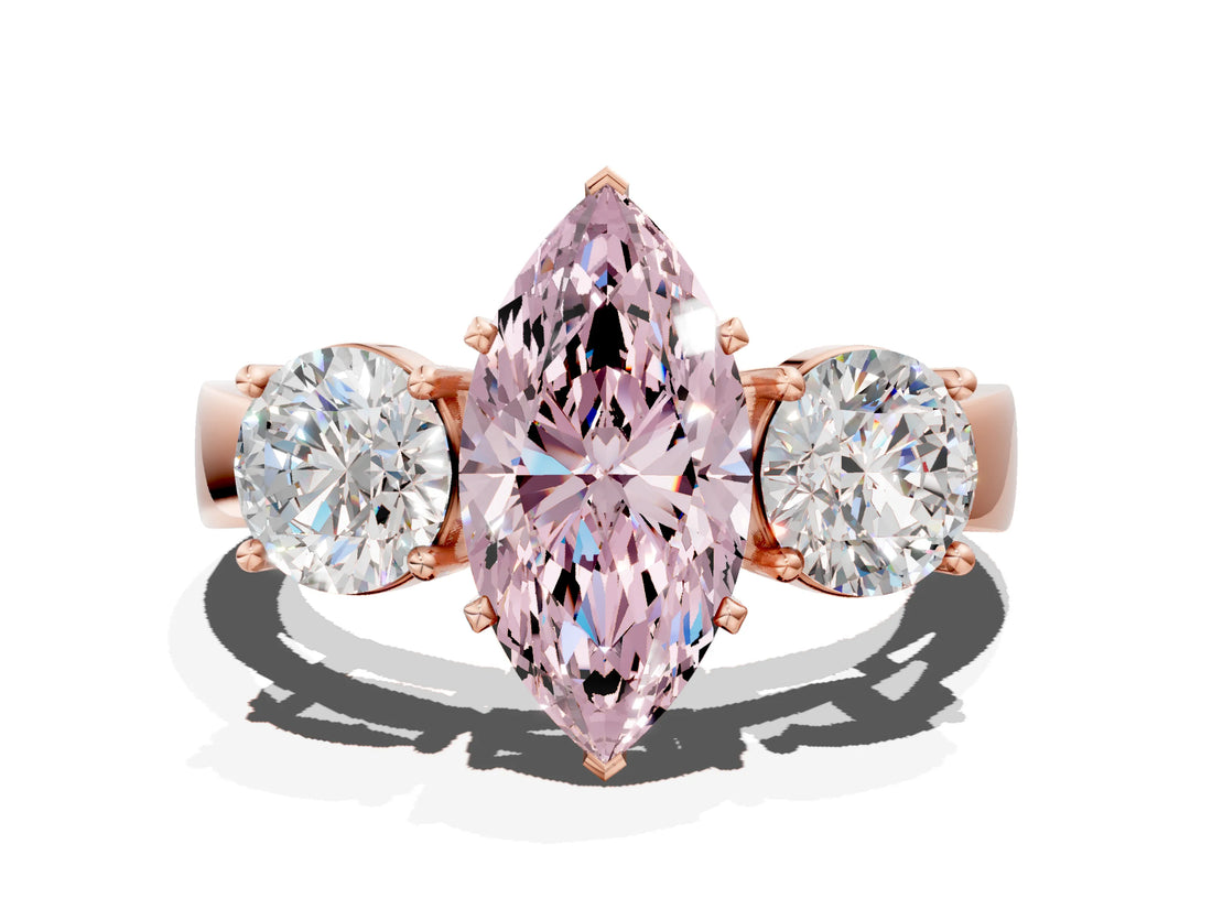 Rose gold Three-Stone Fancy Pink Marquise Cut Diamond Ring with Round Side Stones, Classic Band, and Four-Prong Setting