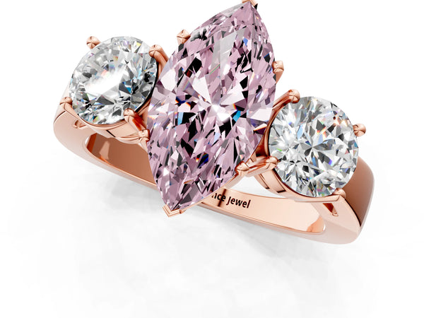 Rose gold Three-Stone Fancy Pink Marquise Cut Diamond Ring with Round Side Stones, Classic Band, and Four-Prong Setting