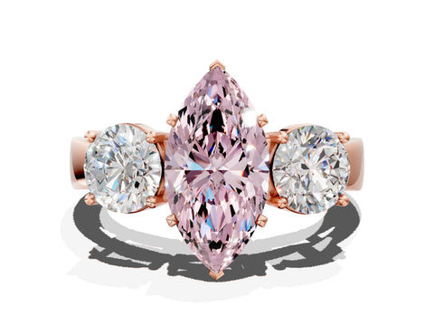 Rose gold Three-Stone Fancy Pink Marquise Cut Diamond Ring with Round Side Stones, Classic Band, and Four-Prong Setting