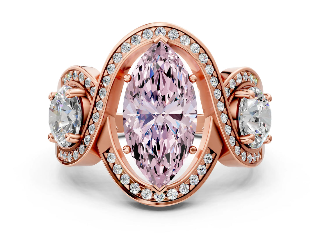 Rose gold Three-Stone Fancy Pink Marquise Cut Diamond Wave Pave Band with Prong Setting