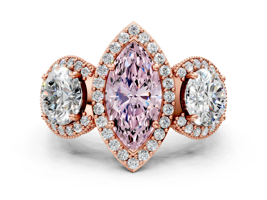 Rose gold Three-Stone Fancy Pink Marquise Cut Halo Diamond Milgrain Band with Four-Prong Setting