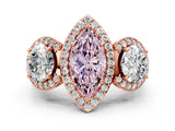 Rose gold Three-Stone Fancy Pink Marquise Cut Halo Diamond Milgrain Band with Four-Prong Setting