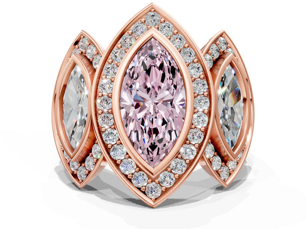 Rose gold Three-Stone Fancy Pink Marquise Cut Halo Pavé Diamond Ring