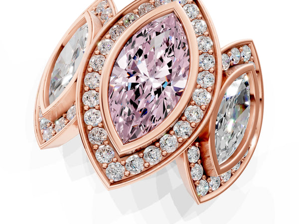 Rose gold Three-Stone Fancy Pink Marquise Cut Halo Pavé Diamond Ring