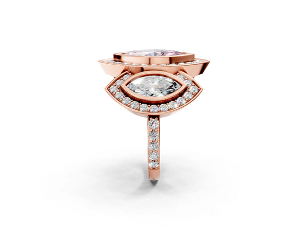 Rose gold Three-Stone Fancy Pink Marquise Cut Halo Pavé Diamond Ring