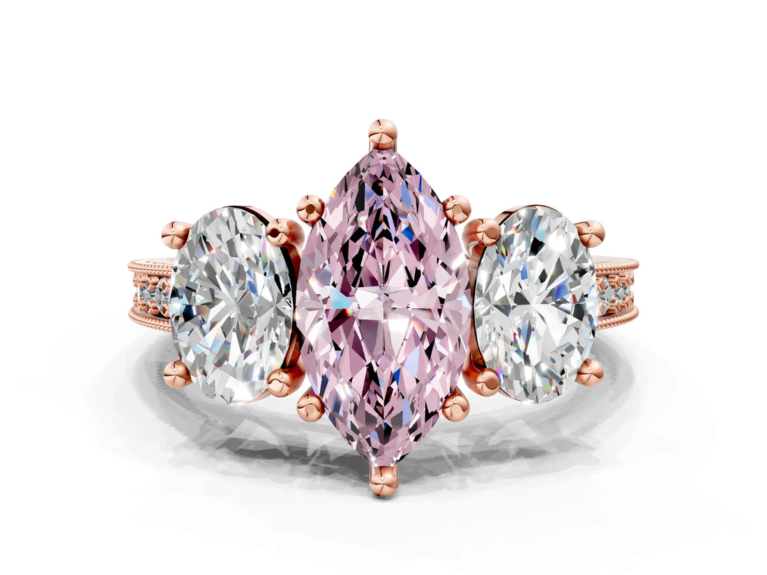 Rose gold Three-Stone Fancy Pink Marquise  Diamond Milgrain Pave Band with Prong Setting 1