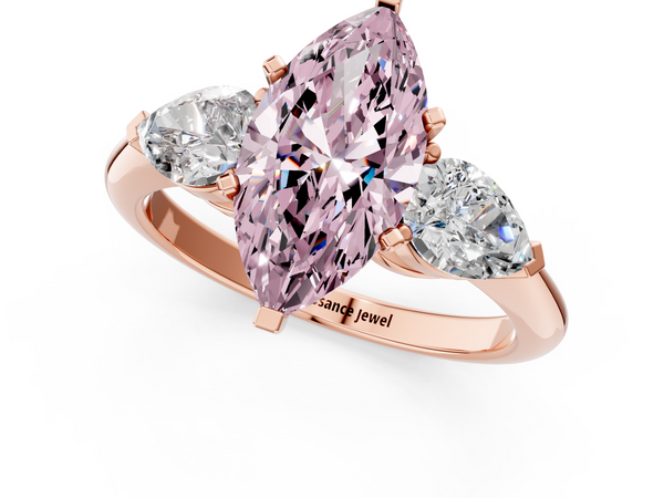 Rose gold Three-Stone Fancy Pink Marquise Cut Diamond Ring with Pear Side Stones and Four-Prong Setting