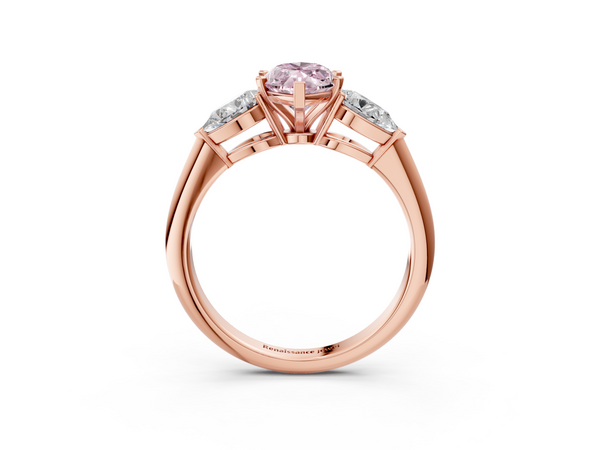 Rose gold Three-Stone Fancy Pink Marquise Cut Diamond Ring with Pear Side Stones and Four-Prong Setting