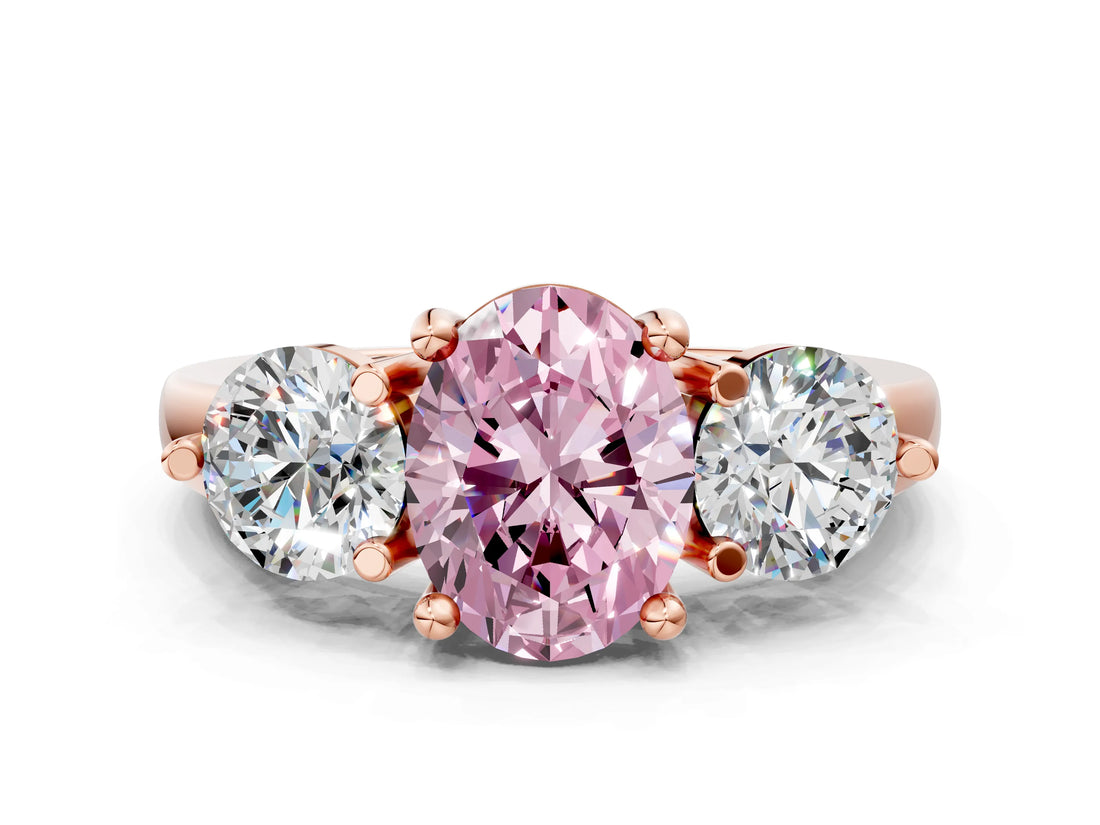 Rose gold Three-Stone Fancy Pink Oval  Brilliant Cut Solitaire Ring with Prong Setting on a Classic Band
