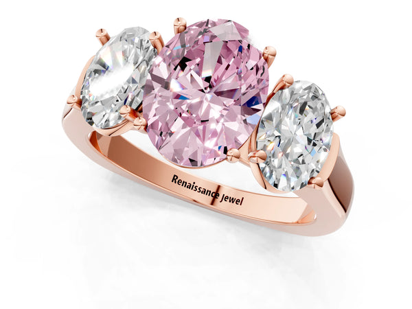 Rose gold Three-Stone Fancy Pink Oval Cut Brilliant Diamond Trellis Ring with Comfort Fit Band
