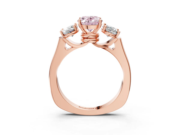 Rose gold Three-Stone Fancy Pink Oval Cut Brilliant Diamond Trellis Ring with Comfort Fit Band