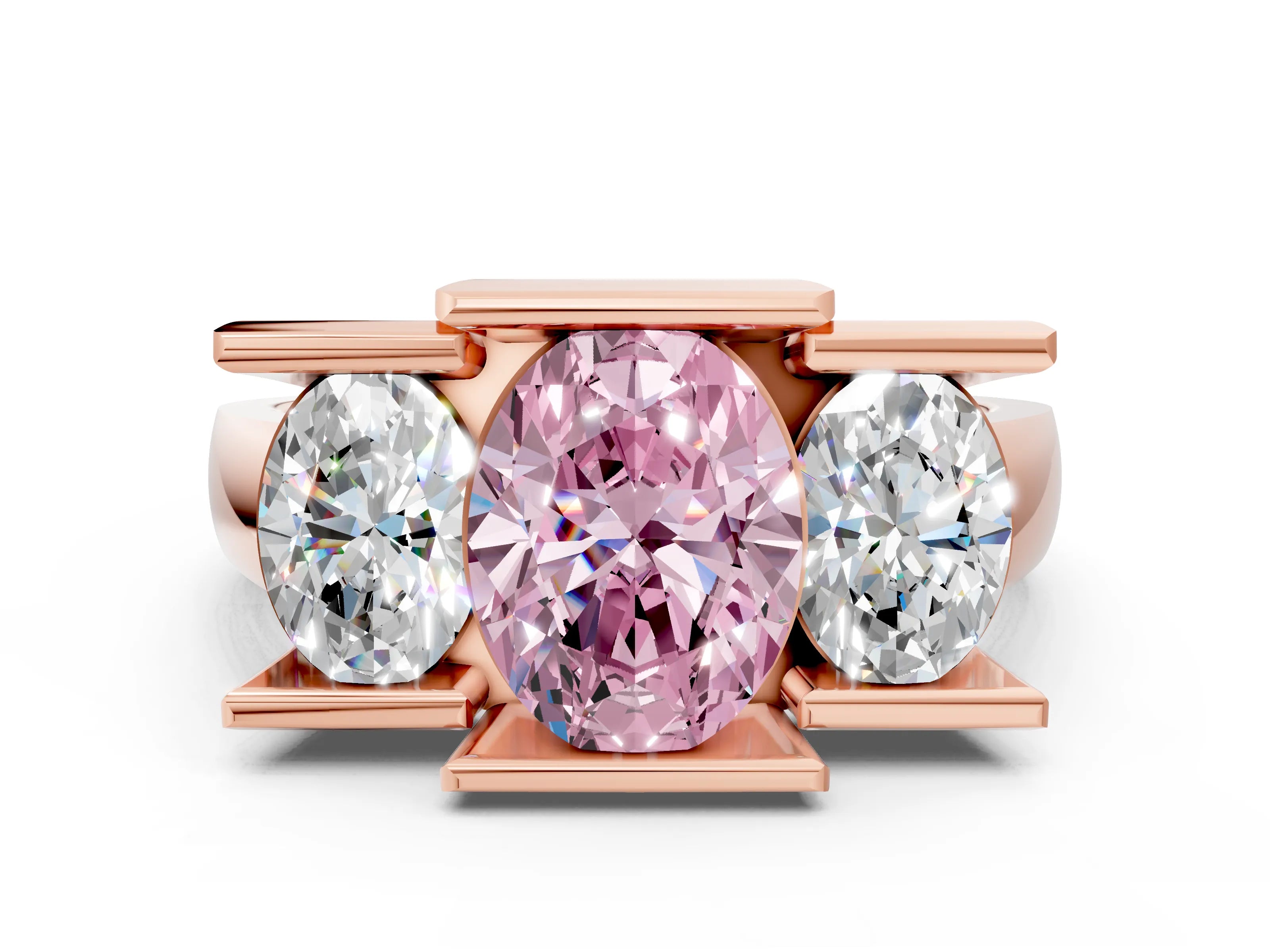 Rose gold Three Stone Fancy Pink Oval Cut Cut Channel Set Diamond Ring