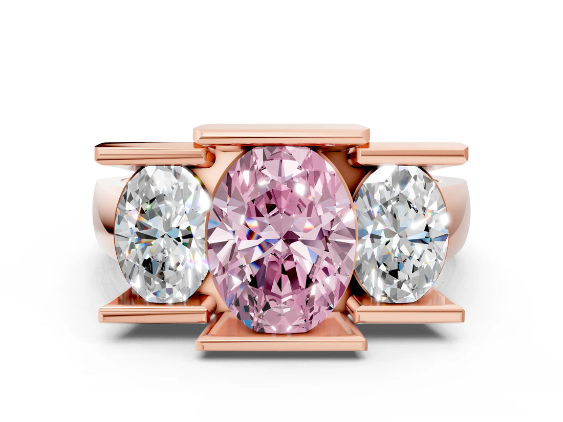 Rose gold Three Stone Fancy Pink Oval Cut Cut Channel Set Diamond Ring