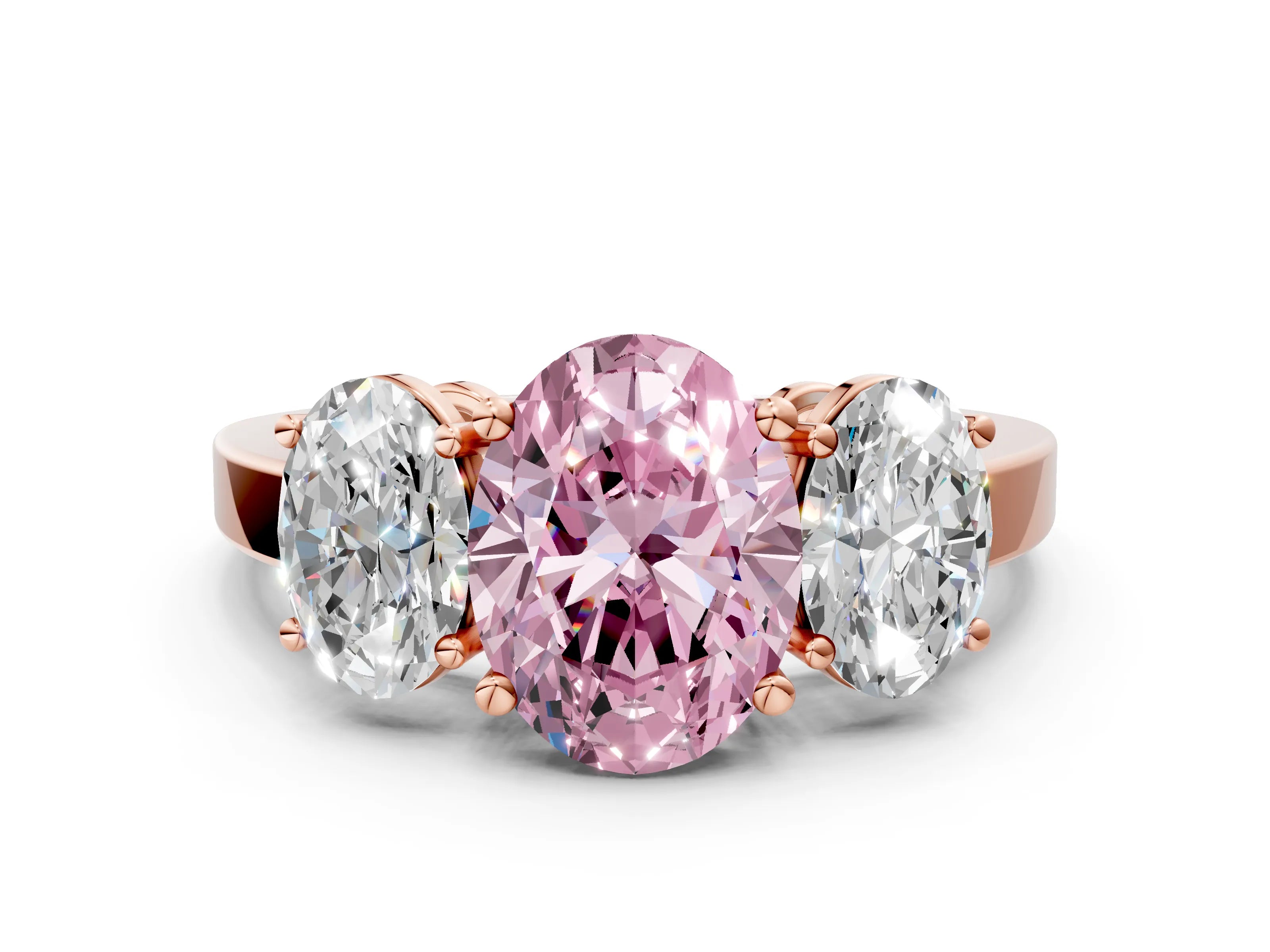 Rose gold Three-Stone Fancy Pink Oval Cut Cut Diamond Engagement Ring with Flat Band and Four-Prong Setting_12