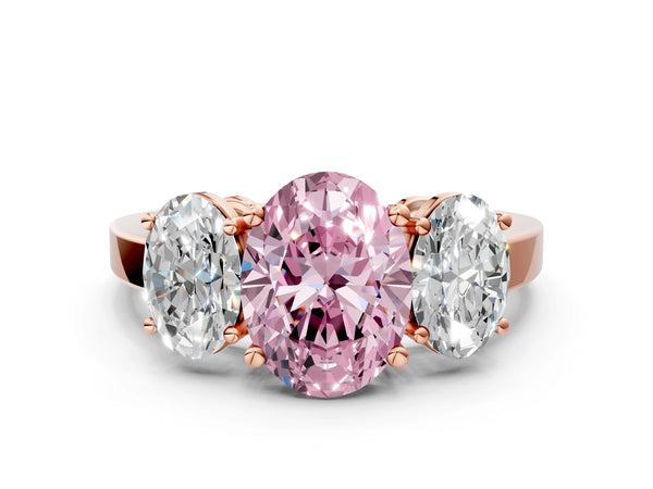 Rose gold Three-Stone Fancy Pink Oval Cut Cut Diamond Engagement Ring with Flat Band and Four-Prong Setting