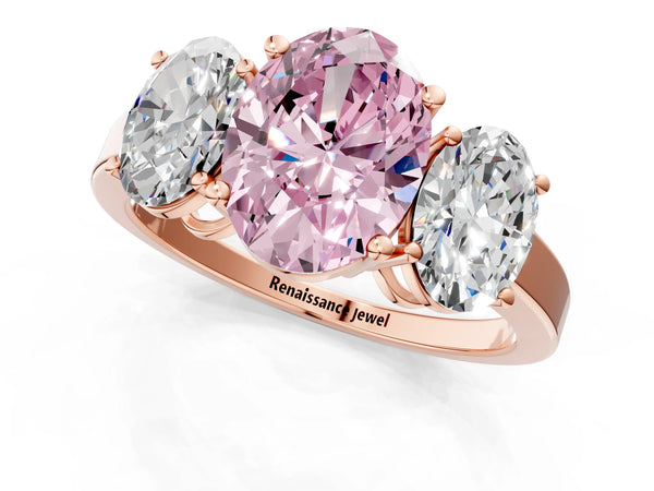 Rose gold Three-Stone Fancy Pink Oval Cut Cut Diamond Engagement Ring with Flat Band and Four-Prong Setting