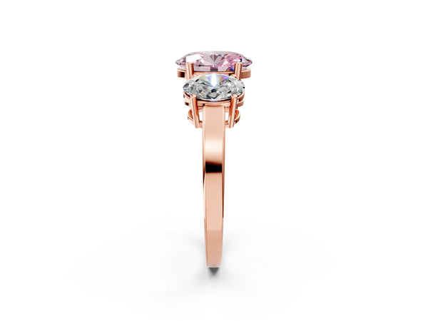 Rose gold Three-Stone Fancy Pink Oval Cut Cut Diamond Engagement Ring with Flat Band and Four-Prong Setting