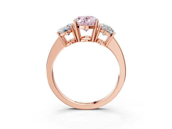 Rose gold Three-Stone Fancy Pink Oval Cut Cut Diamond Engagement Ring with Flat Band and Four-Prong Setting