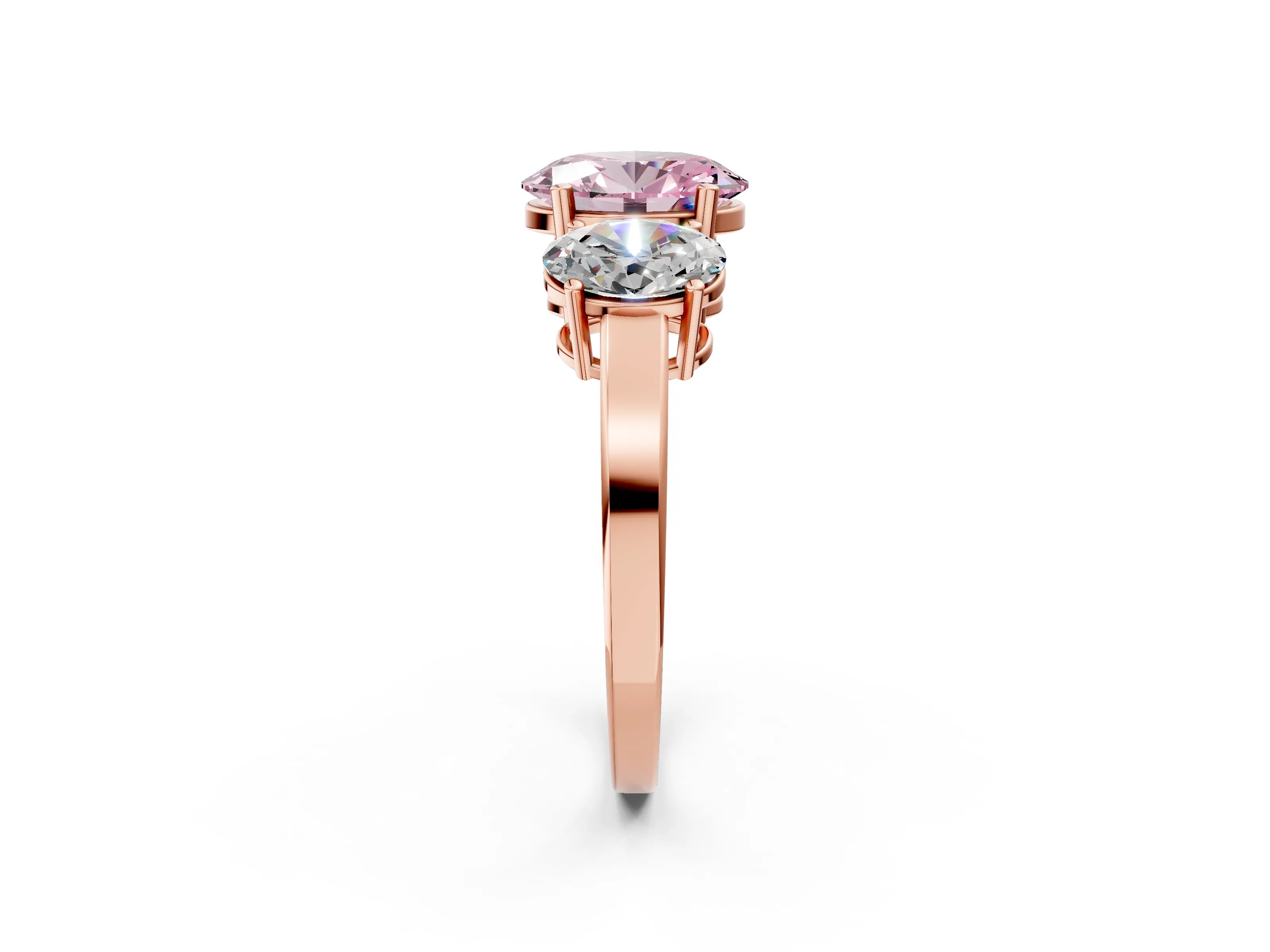 Rose gold Three-Stone Fancy Pink Oval Cut Cut Diamond Engagement Ring with Flat Band and Four-Prong Setting_2
