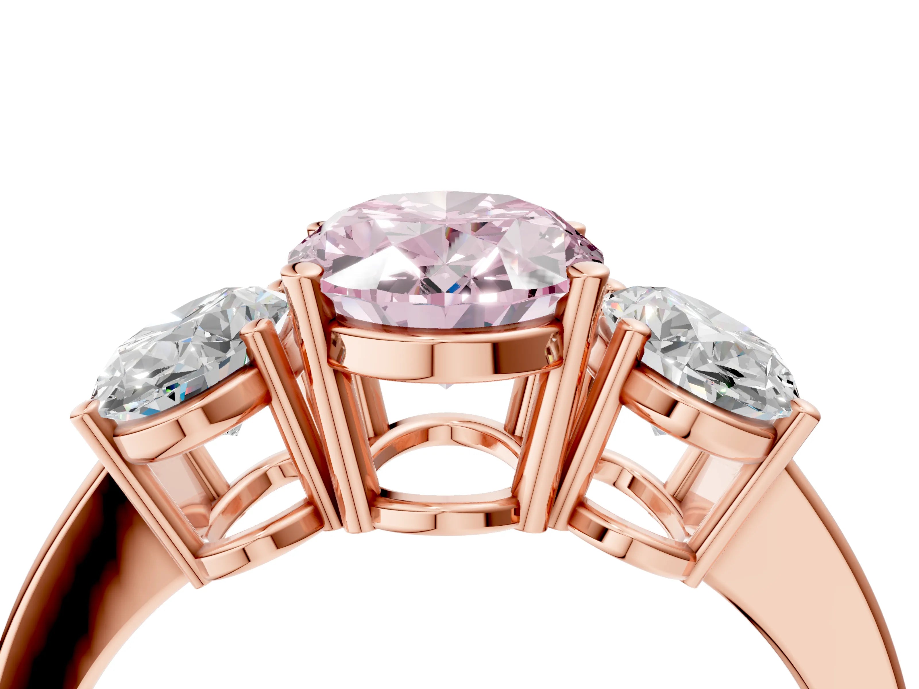 Rose gold Three-Stone Fancy Pink Oval Cut Cut Diamond Engagement Ring with Flat Band and Four-Prong Setting_4