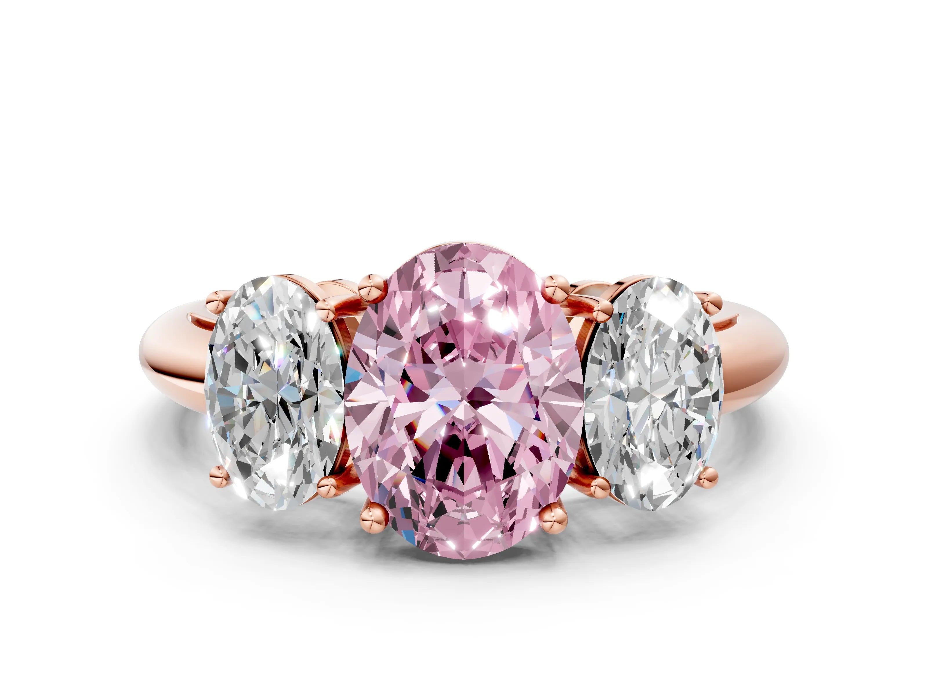Rose gold Three-Stone Fancy Pink Oval Cut Cut Diamond Engagement Ring with Prong Setting on a White Gold Band