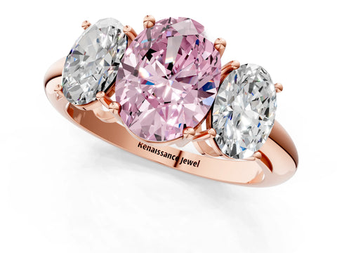 Rose gold Three-Stone Fancy Pink Oval Cut Cut Diamond Engagement Ring with Prong Setting on a White Gold Band_1