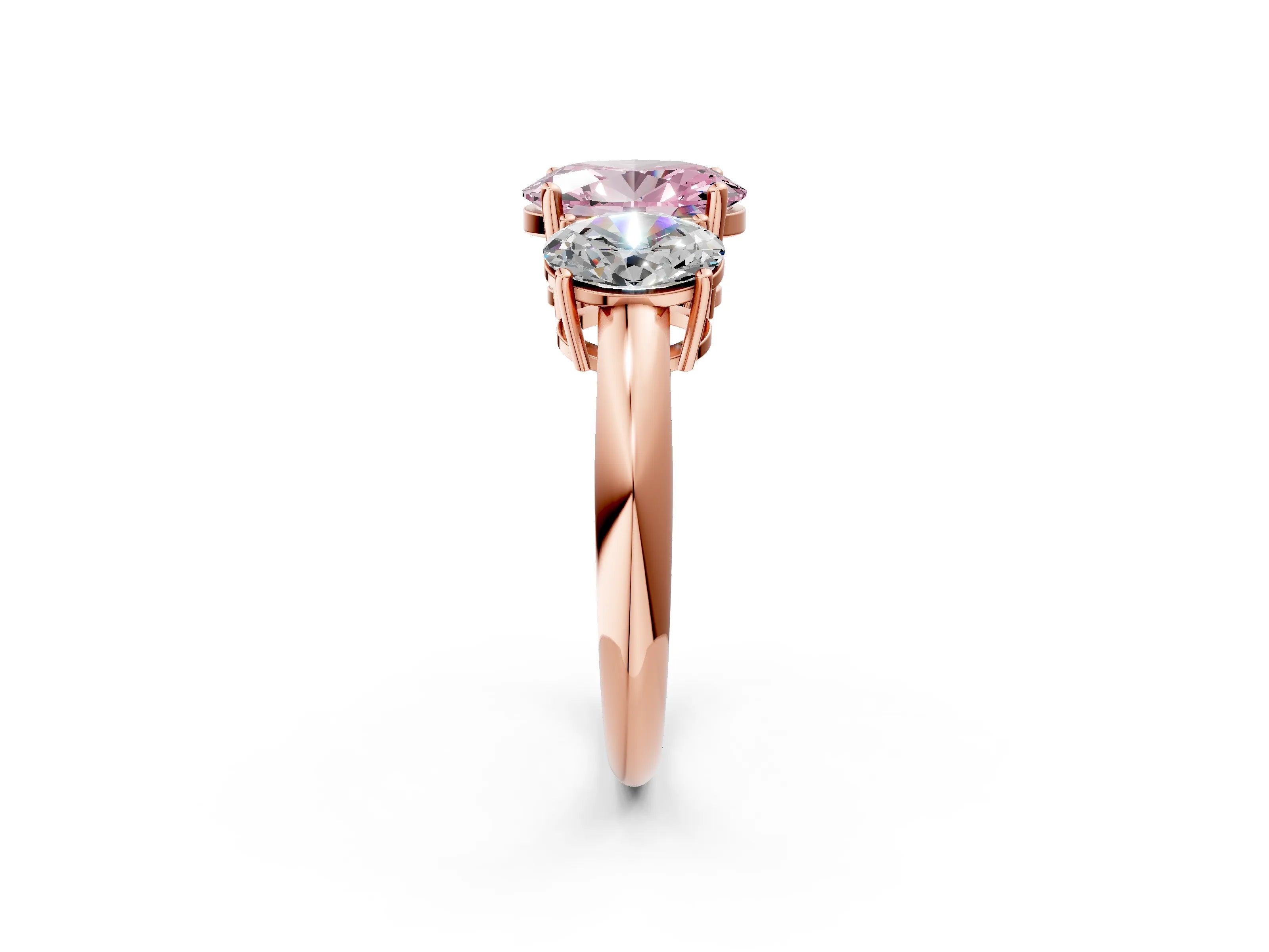 Rose gold Three-Stone Fancy Pink Oval Cut Cut Diamond Engagement Ring with Prong Setting on a White Gold Band_2