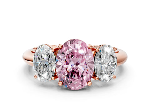 Rose gold Three-Stone Fancy Pink Oval Cut Cut Diamond Engagement Ring with Prong Setting on a White Gold Band