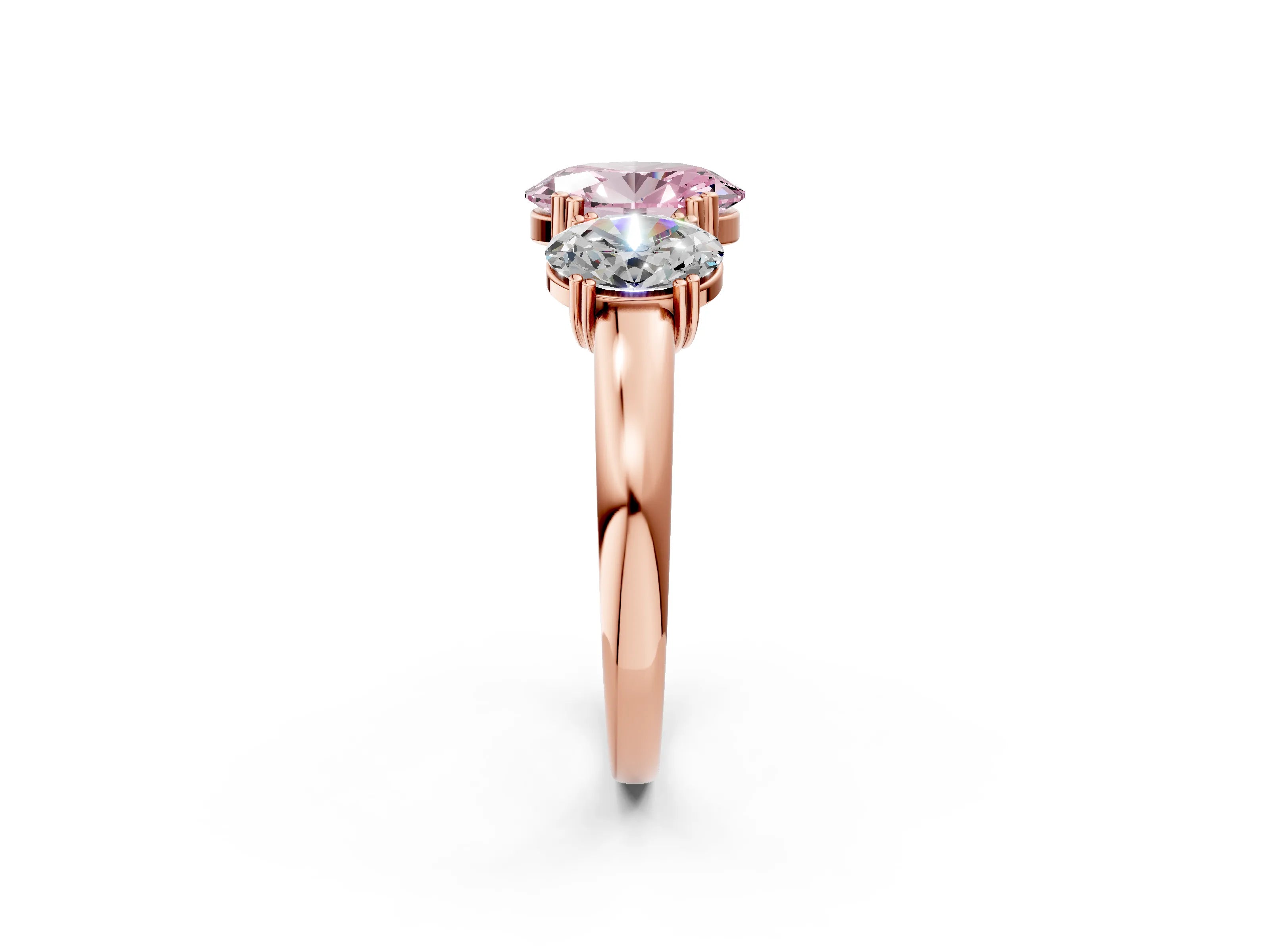 Rose gold Three-Stone Fancy Pink Oval Cut Cut Diamond Ring with Channel Set Band and Four-Prong Setting_2