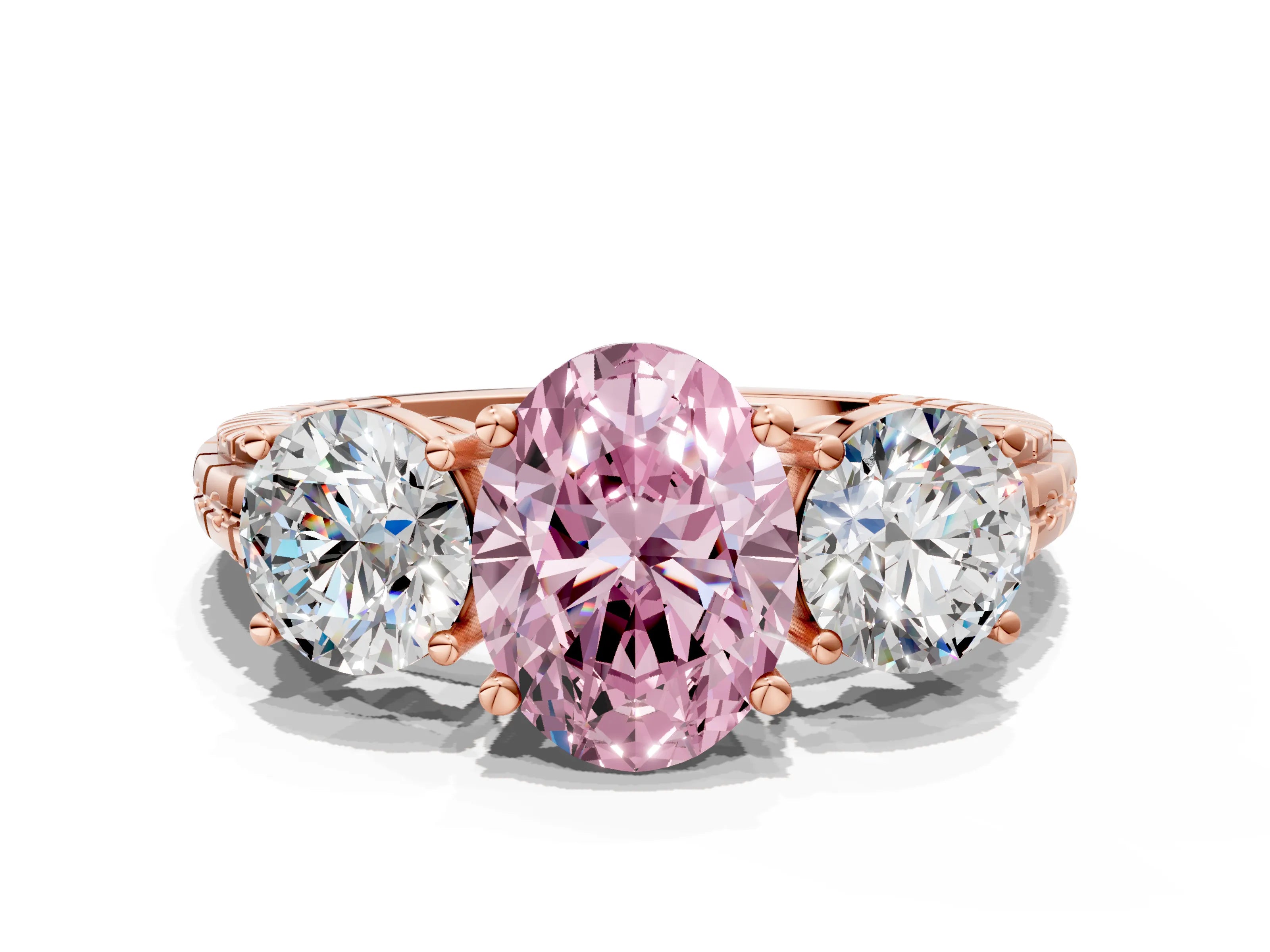 Rose gold Three-Stone Fancy Pink Oval Cut Cut Diamond Ring with Channel-Set Band and Prong Setting