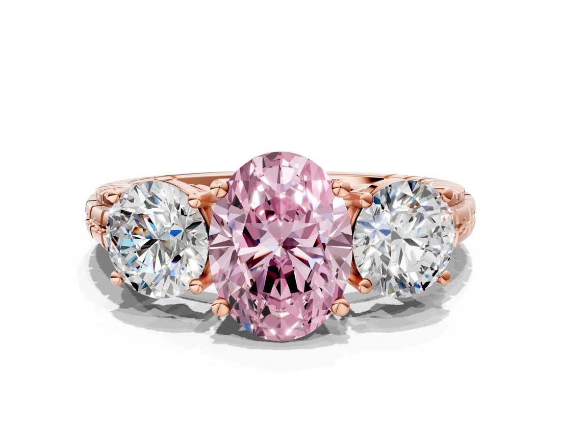 Rose gold Three-Stone Fancy Pink Oval Cut Cut Diamond Ring with Channel-Set Band and Prong Setting