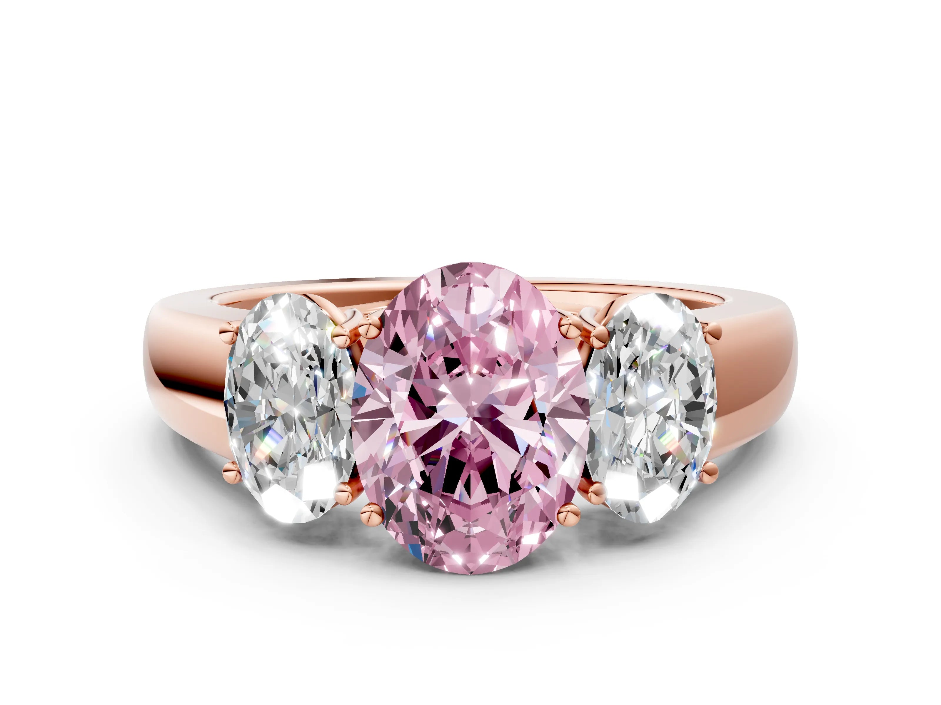 Rose gold Three-Stone Fancy Pink Oval Cut Cut Diamond Ring with Prong Setting and Classic Band