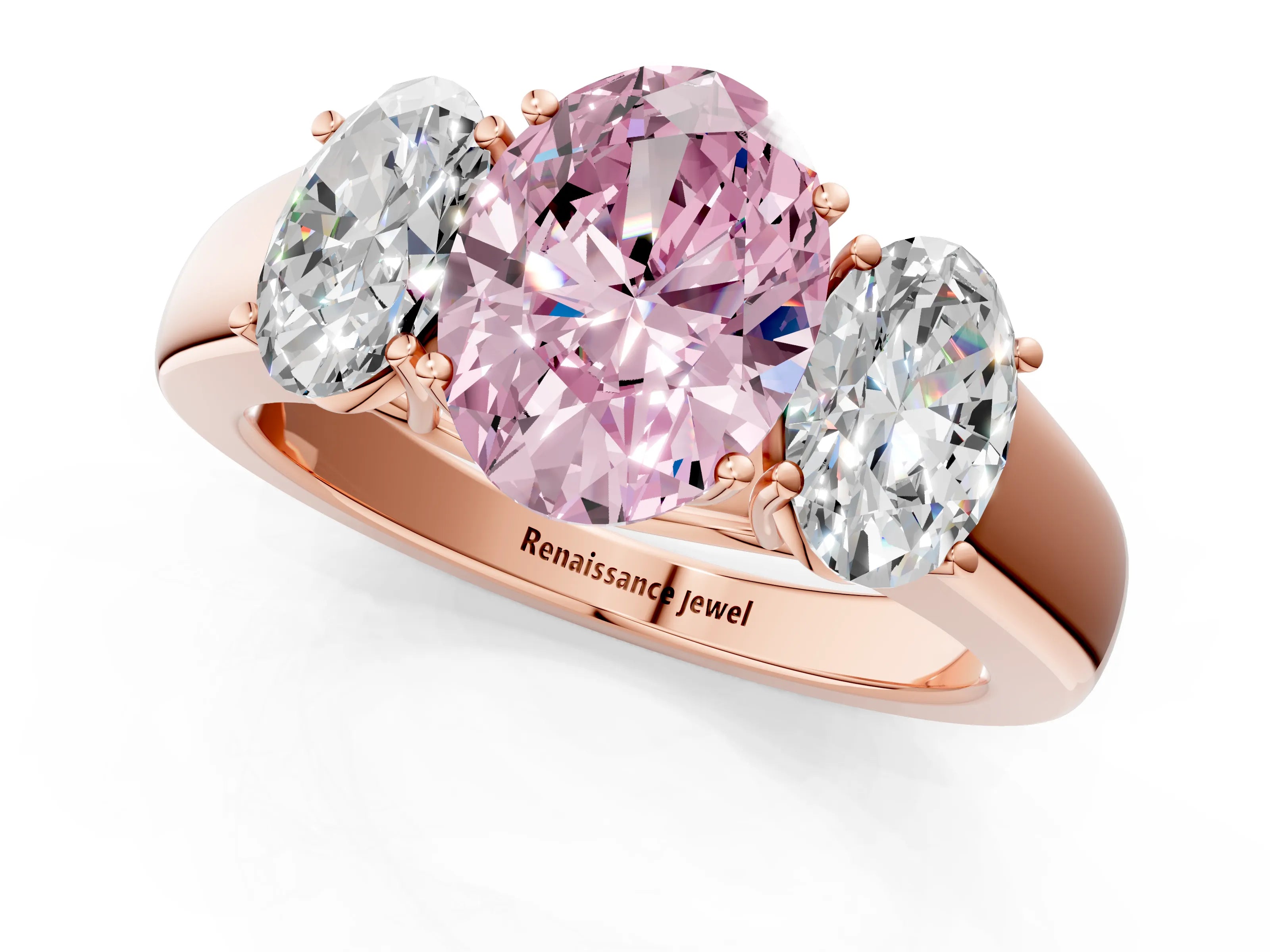 Rose gold Three-Stone Fancy Pink Oval Cut Cut Diamond Ring with Prong Setting and Classic Band_1