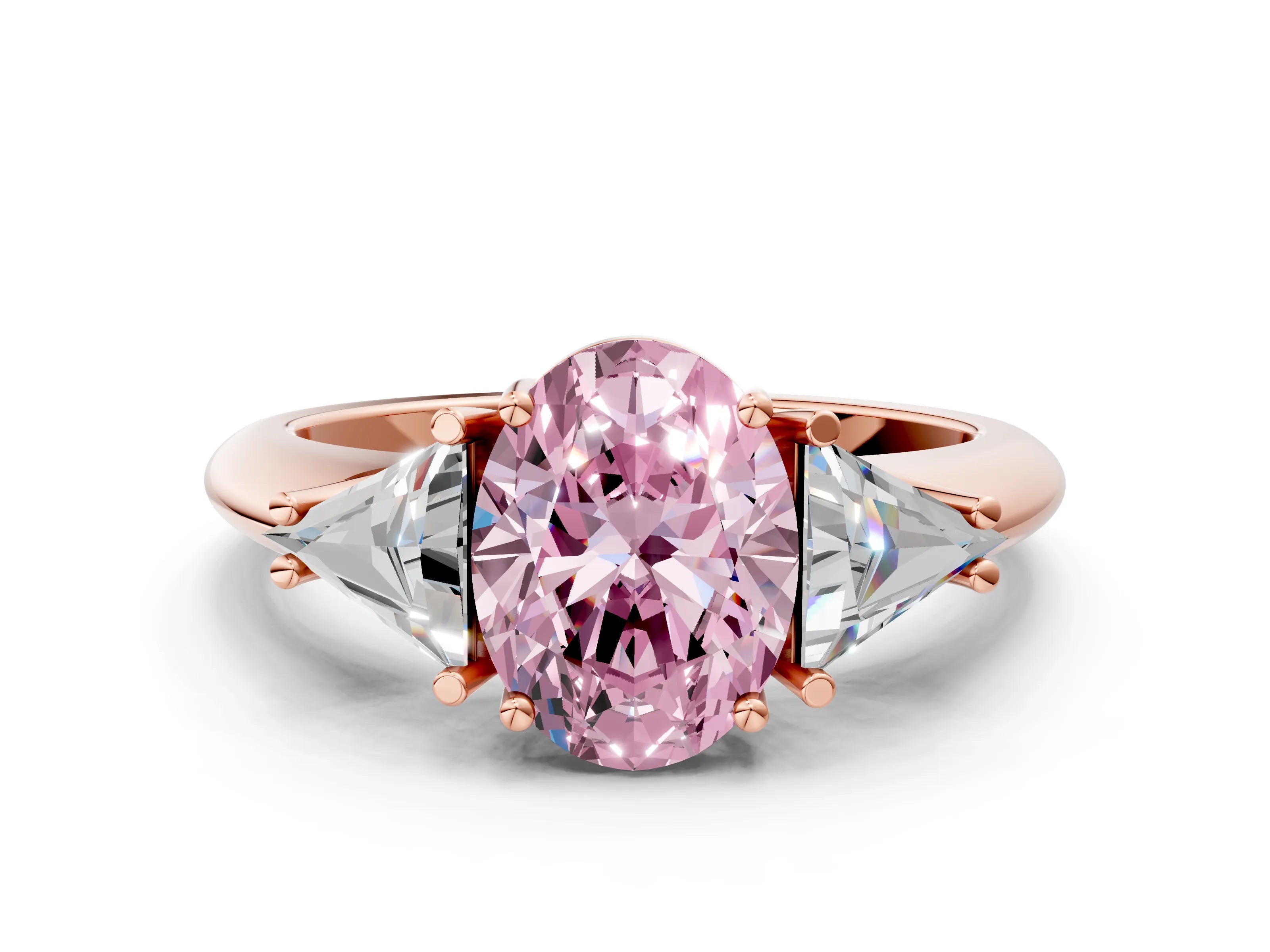 Rose gold Three-Stone Fancy Pink Oval Cut Cut Diamond Ring with Trillion Side Stones and Four-Prong Setting_3