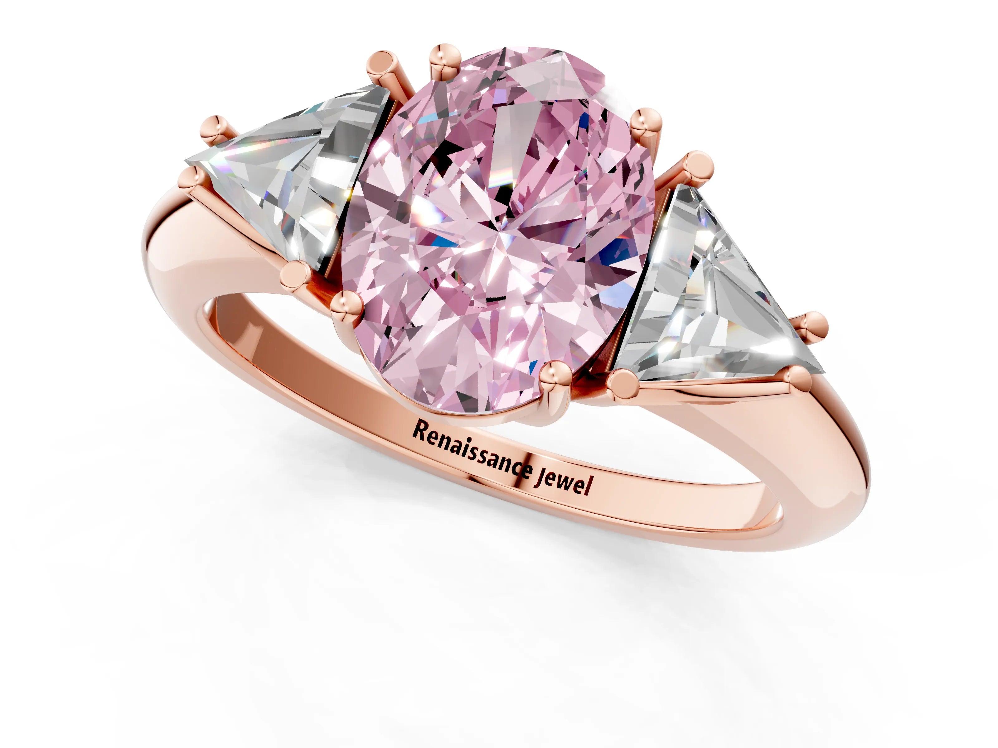 Rose gold Three-Stone Fancy Pink Oval Cut Cut Diamond Ring with Trillion Side Stones and Four-Prong Setting_4