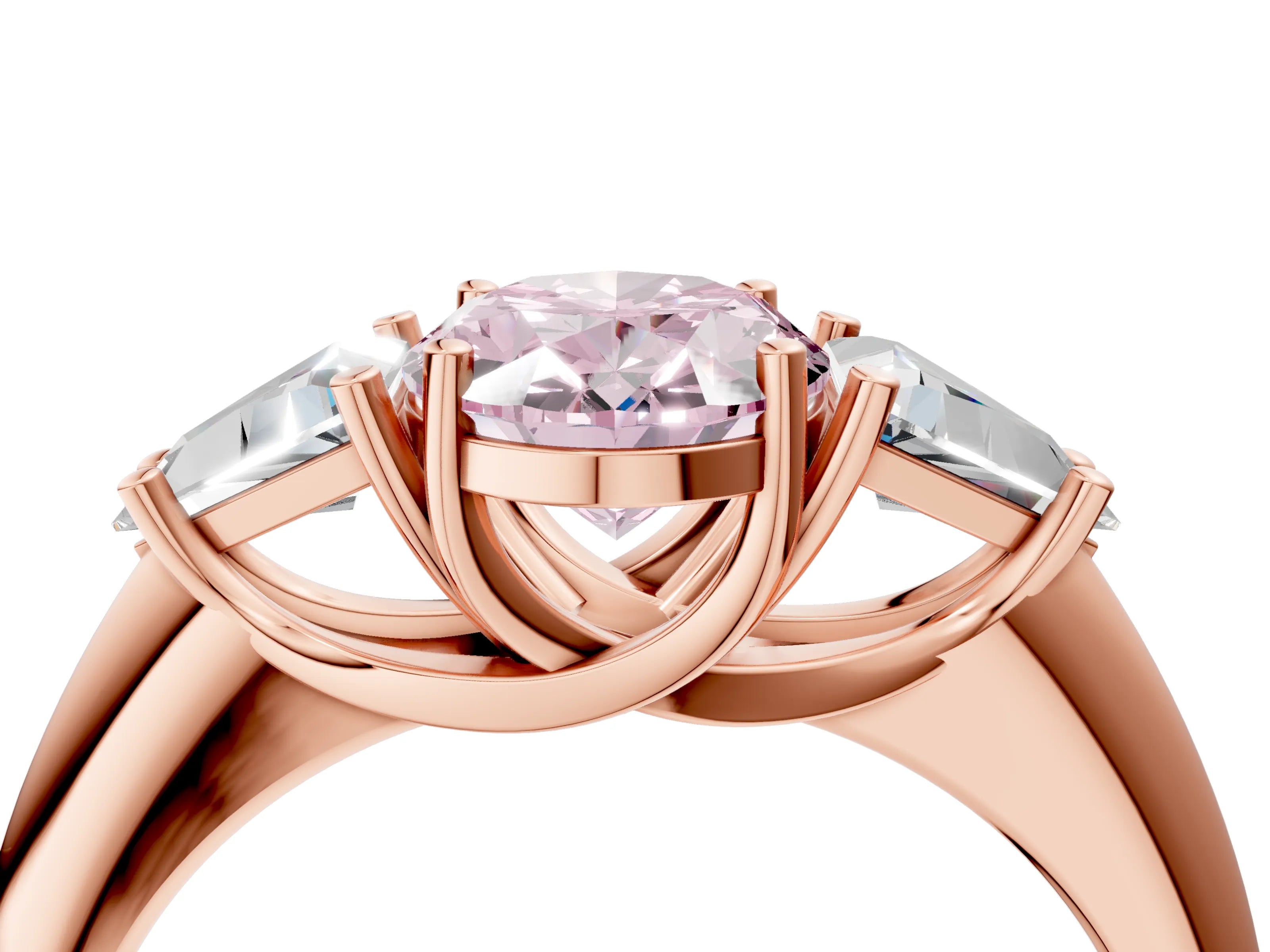 Rose gold Three-Stone Fancy Pink Oval Cut Cut Diamond Ring with Trillion Side Stones and Four-Prong Setting_7