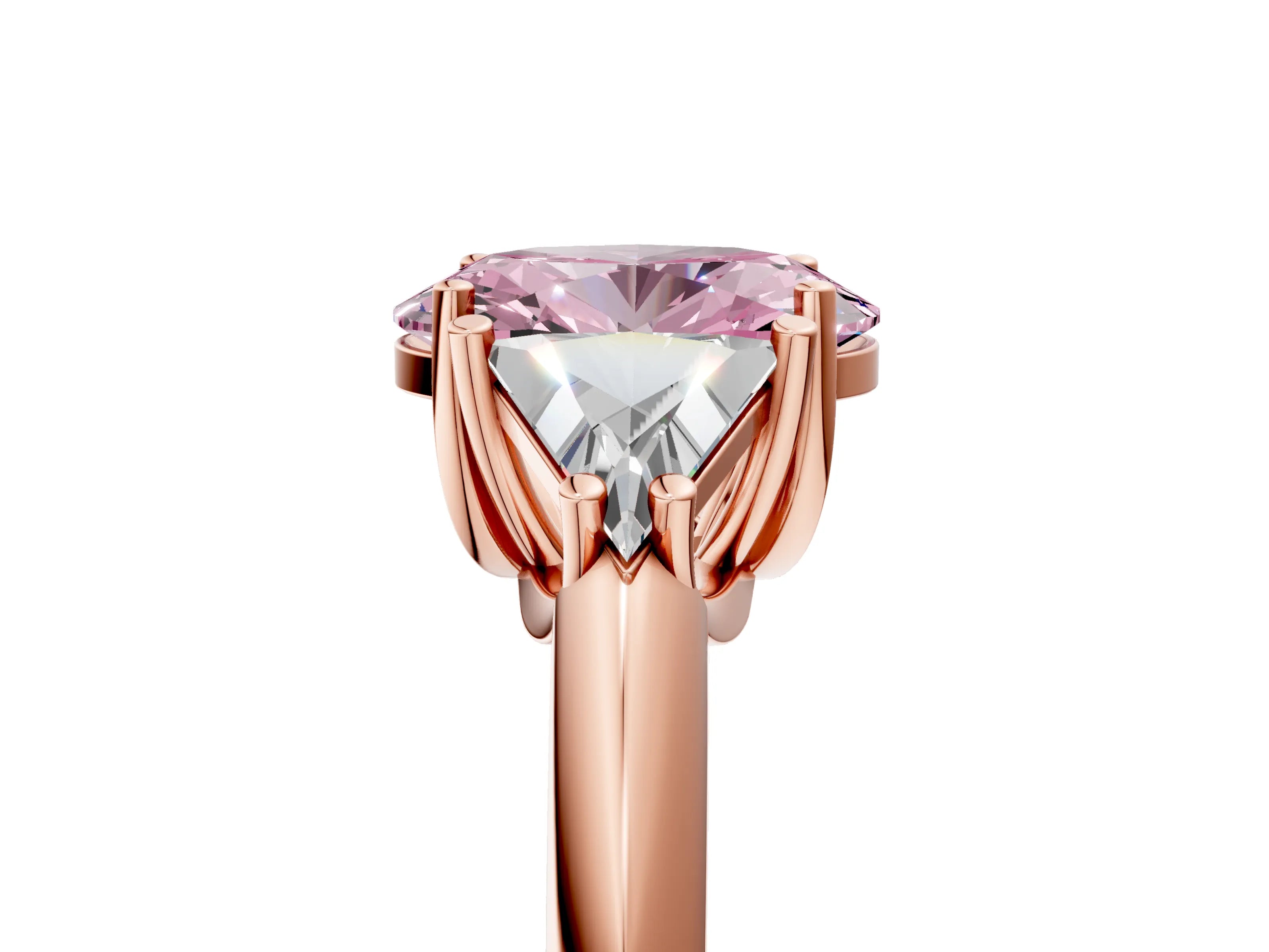 Rose gold Three-Stone Fancy Pink Oval Cut Cut Diamond Ring with Trillion Side Stones and Four-Prong Setting_8