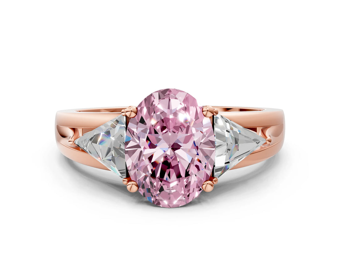 Rose gold Three-Stone Fancy Pink Oval Cut Cut Diamond Ring with Trillion Side Stones on a Split Shank Band