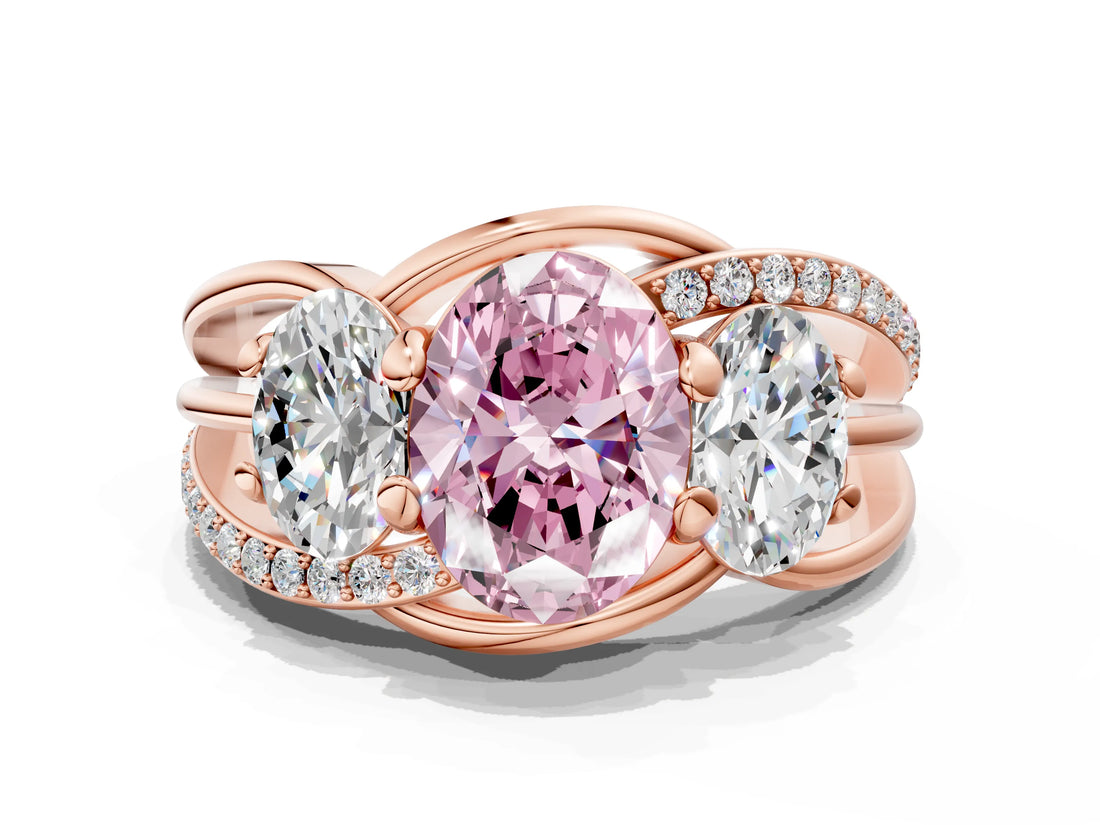 Rose gold Three-Stone Fancy Pink Oval Cut Cut Diamond Split Shank Prong Set Ring