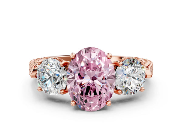 Rose Gold Oval Vintage Three Stone Engagement Ring Setting for Fancy Pink Center