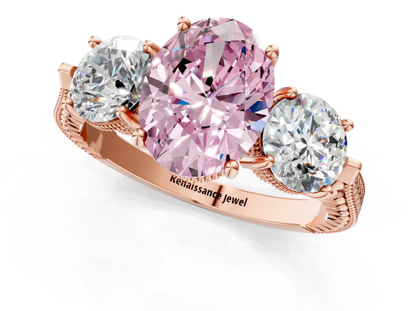 Rose Gold Oval Vintage Three Stone Engagement Ring Setting for Fancy Pink Center